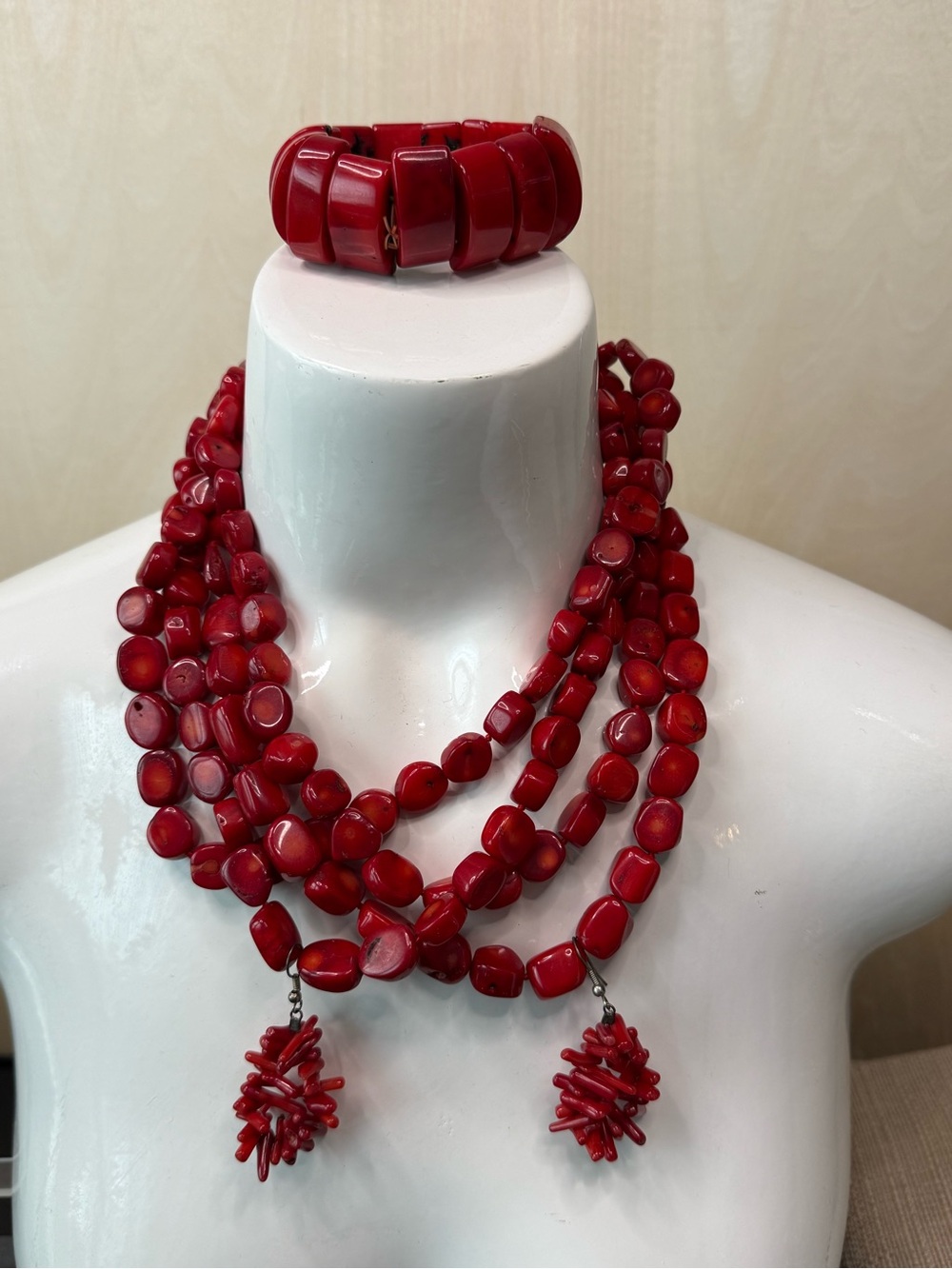 Vtg Red Coral 3 Strand 925 Sterling Clasp Necklace, Chunky Bracelet, Earrings